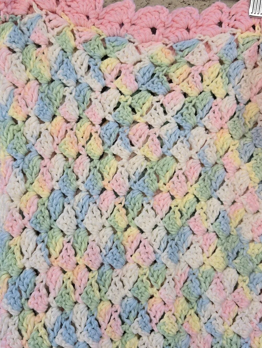 Vintage Handmade Pastel Crochet Baby Blanket with Pink Border